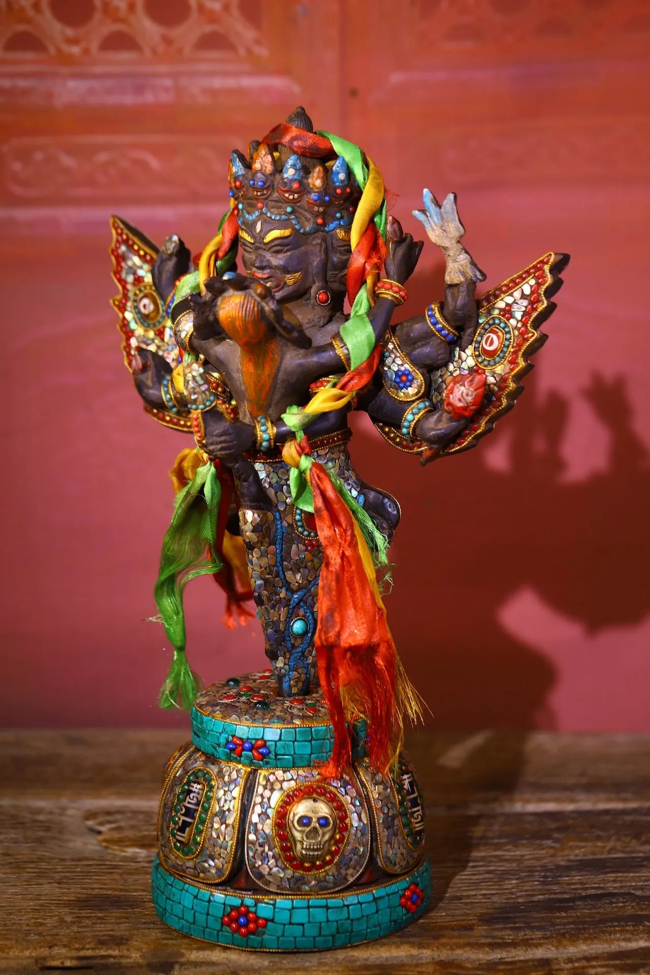 14"Tibetan Temple Collection Old Bronze Painted  Mosaic Gem gZi Beads Shell Puba Vajra Buddha Vajra Phurpa Base Worship Hall