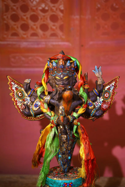 14"Tibetan Temple Collection Old Bronze Painted  Mosaic Gem gZi Beads Shell Puba Vajra Buddha Vajra Phurpa Base Worship Hall