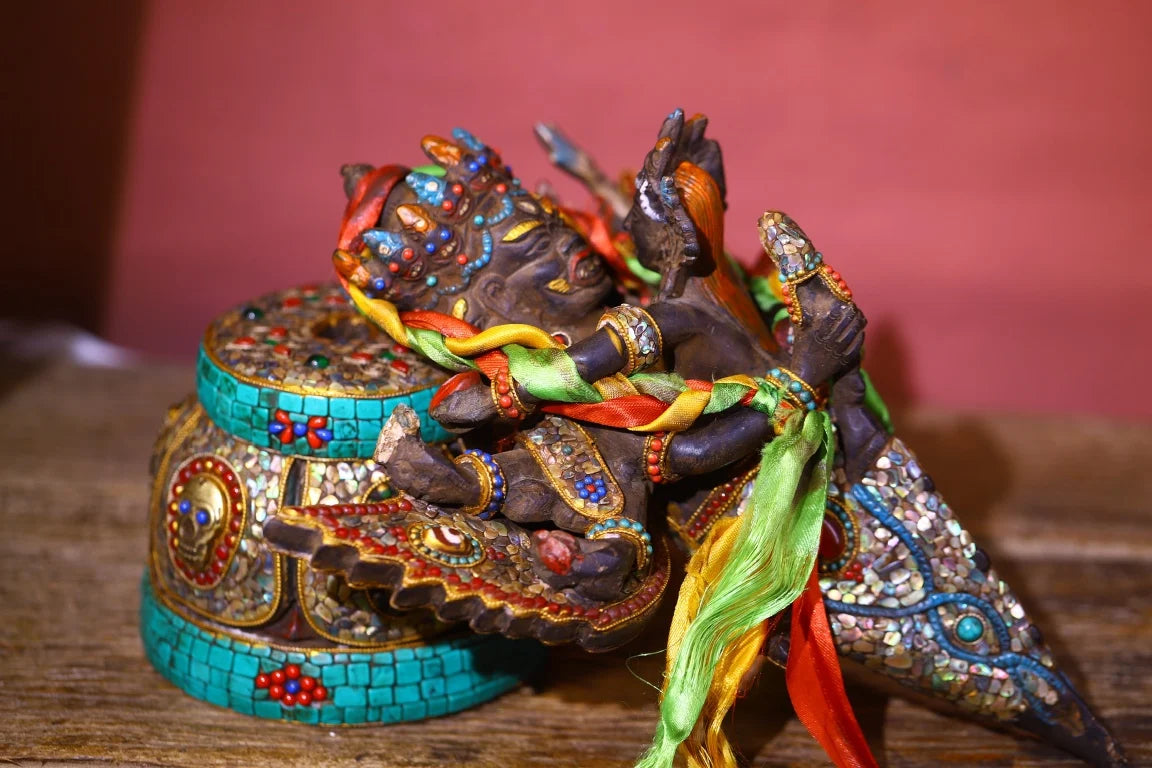 14"Tibetan Temple Collection Old Bronze Painted  Mosaic Gem gZi Beads Shell Puba Vajra Buddha Vajra Phurpa Base Worship Hall