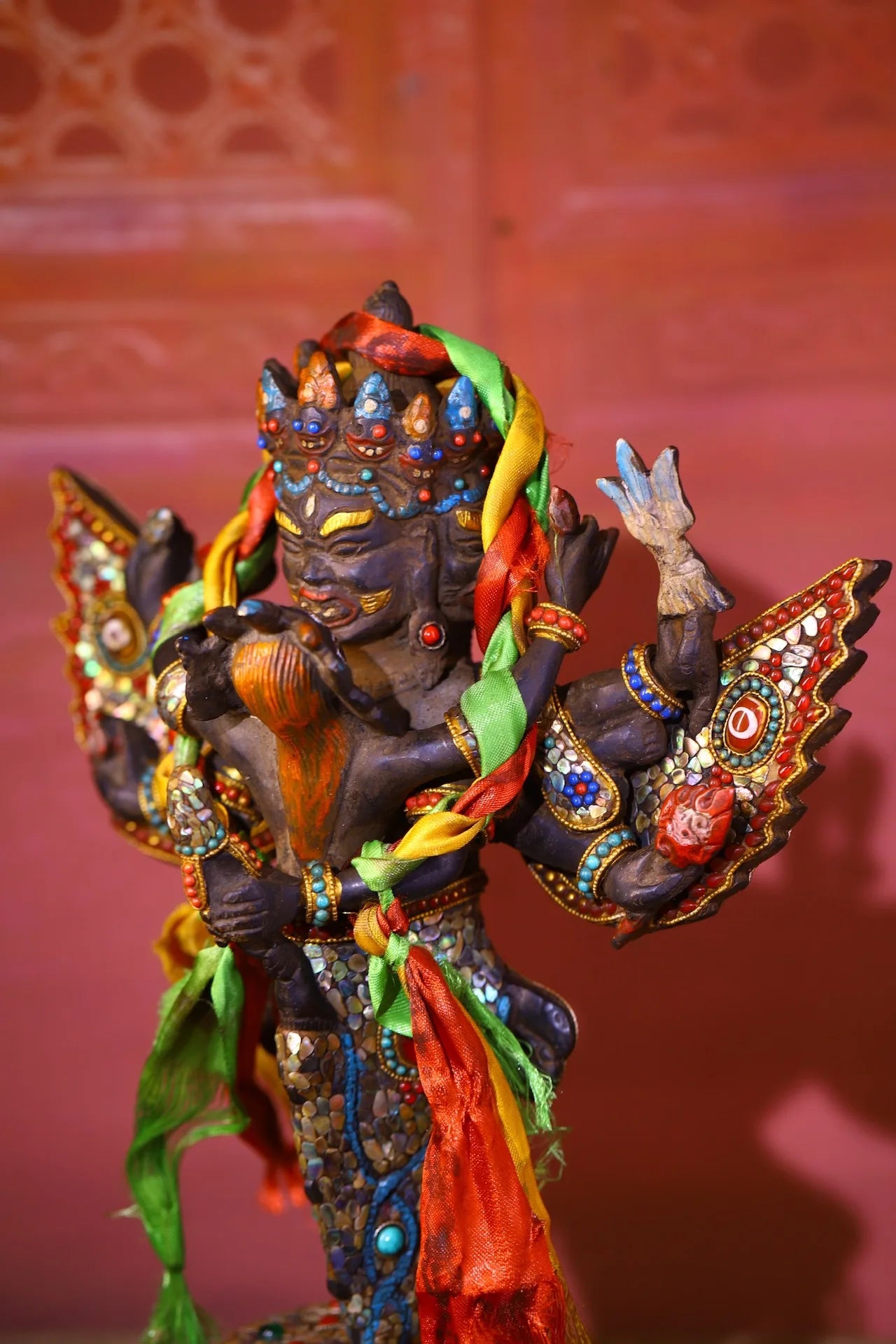 14"Tibetan Temple Collection Old Bronze Painted  Mosaic Gem gZi Beads Shell Puba Vajra Buddha Vajra Phurpa Base Worship Hall