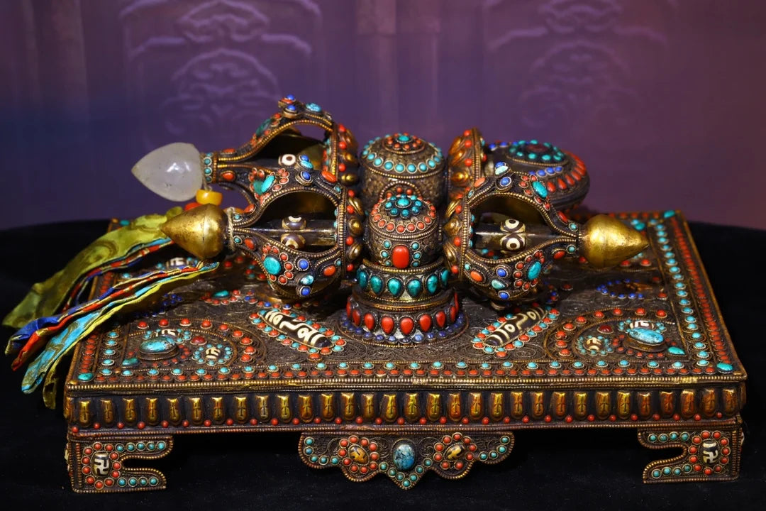 14"Tibetan Temple Collection Old Natural Crystal Filigree Mosaic Gem gZi Beads Vajra Phurpa set Amulet Dharma Town House