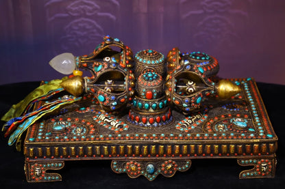 14"Tibetan Temple Collection Old Natural Crystal Filigree Mosaic Gem gZi Beads Vajra Phurpa set Amulet Dharma Town House