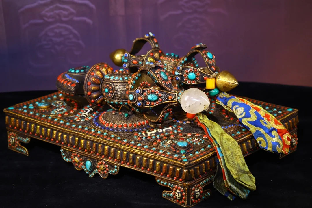 14"Tibetan Temple Collection Old Natural Crystal Filigree Mosaic Gem gZi Beads Vajra Phurpa set Amulet Dharma Town House