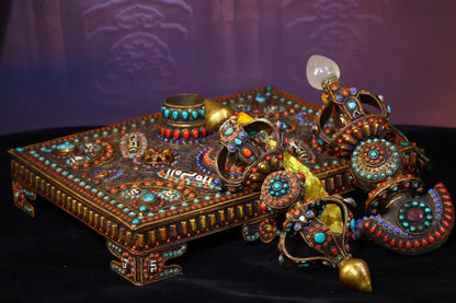 14"Tibetan Temple Collection Old Natural Crystal Filigree Mosaic Gem gZi Beads Vajra Phurpa set Amulet Dharma Town House