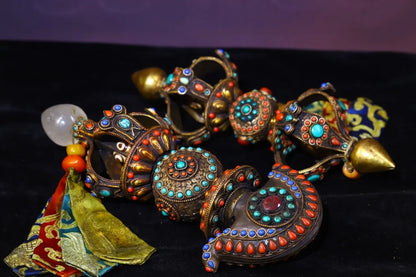 14"Tibetan Temple Collection Old Natural Crystal Filigree Mosaic Gem gZi Beads Vajra Phurpa set Amulet Dharma Town House