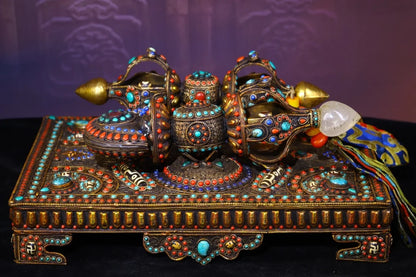 14"Tibetan Temple Collection Old Natural Crystal Filigree Mosaic Gem gZi Beads Vajra Phurpa set Amulet Dharma Town House