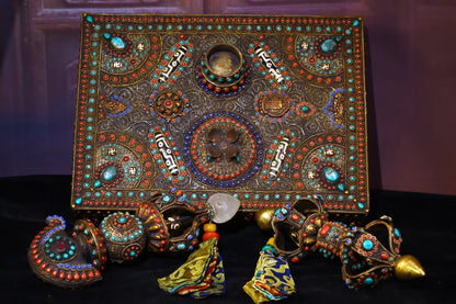 14"Tibetan Temple Collection Old Natural Crystal Filigree Mosaic Gem gZi Beads Vajra Phurpa set Amulet Dharma Town House