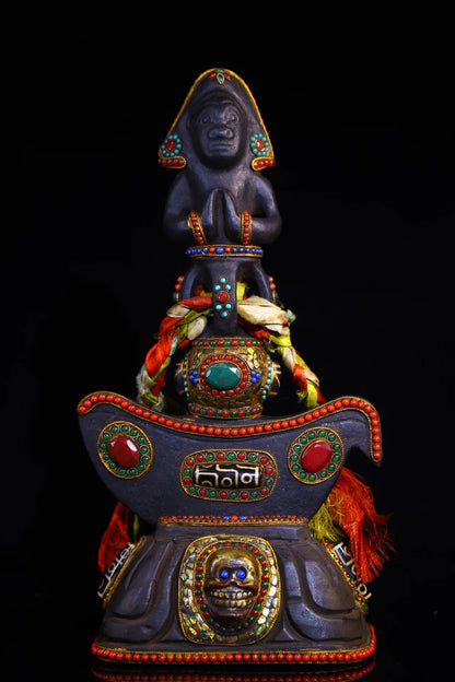 14"Tibetan Temple Collection Old Natural Meteorite Mosaic Gem gZi Beads Shell Sphinx Vajra Phurpa Skull Amulet Dharma Exorcism