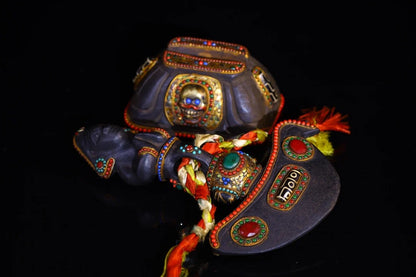 14"Tibetan Temple Collection Old Natural Meteorite Mosaic Gem gZi Beads Shell Sphinx Vajra Phurpa Skull Amulet Dharma Exorcism