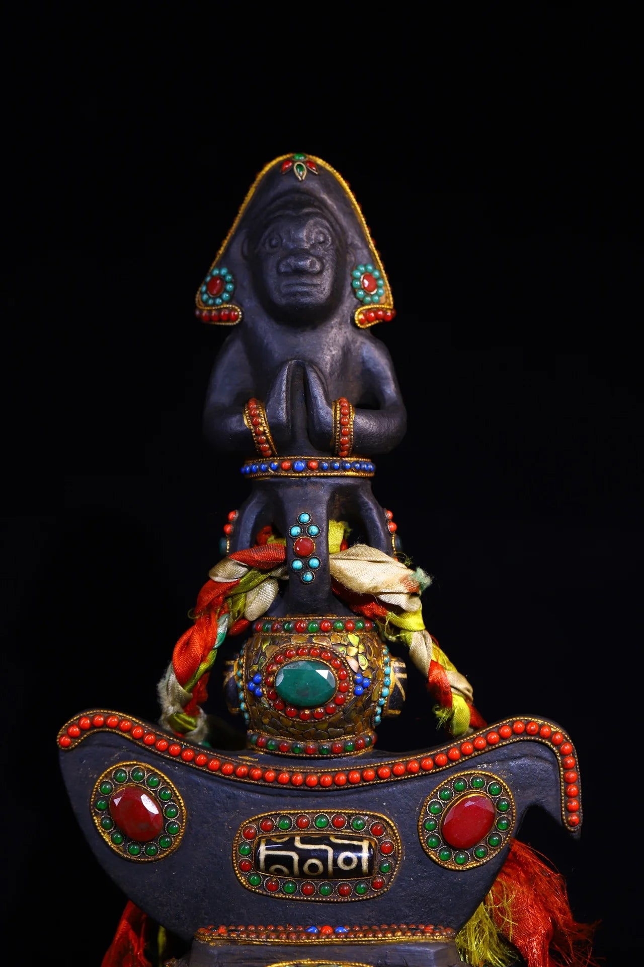 14"Tibetan Temple Collection Old Natural Meteorite Mosaic Gem gZi Beads Shell Sphinx Vajra Phurpa Skull Amulet Dharma Exorcism
