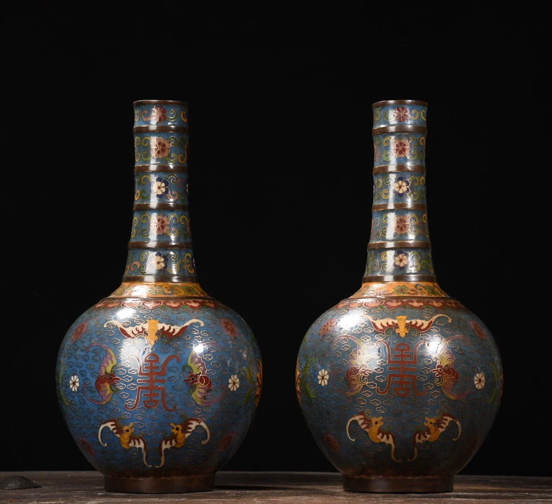 14"Tibetan Temple Collection Old Purple Bronze Cloisonne Fortune L ongevity String Bottle Vase A pair Town House Exorcism