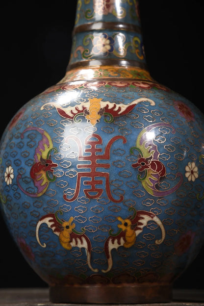 14"Tibetan Temple Collection Old Purple Bronze Cloisonne Fortune L ongevity String Bottle Vase A pair Town House Exorcism