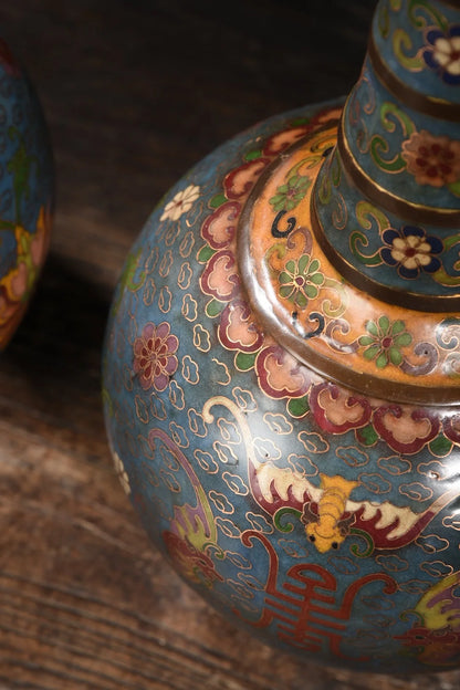 14"Tibetan Temple Collection Old Purple Bronze Cloisonne Fortune L ongevity String Bottle Vase A pair Town House Exorcism