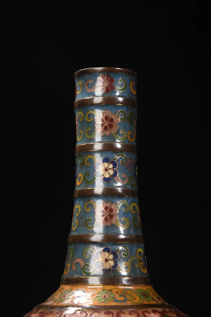 14"Tibetan Temple Collection Old Purple Bronze Cloisonne Fortune L ongevity String Bottle Vase A pair Town House Exorcism