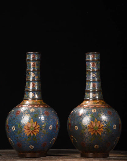 14"Tibetan Temple Collection Old Purple Bronze Cloisonne Fortune L ongevity String Bottle Vase A pair Town House Exorcism