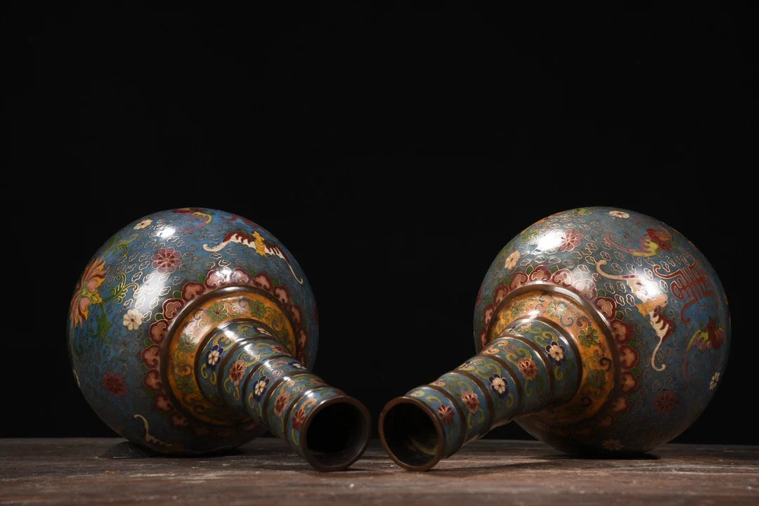 14"Tibetan Temple Collection Old Purple Bronze Cloisonne Fortune L ongevity String Bottle Vase A pair Town House Exorcism