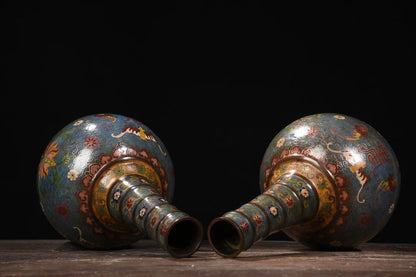 14"Tibetan Temple Collection Old Purple Bronze Cloisonne Fortune L ongevity String Bottle Vase A pair Town House Exorcism