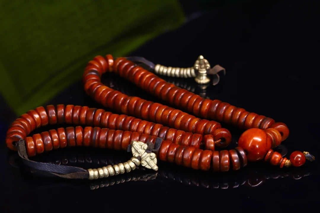 14"Tibetan Temple Collection Old Red medicine beads Gabala Buddha beads Necklace Amulet Pendant artifact Town House Exorcism