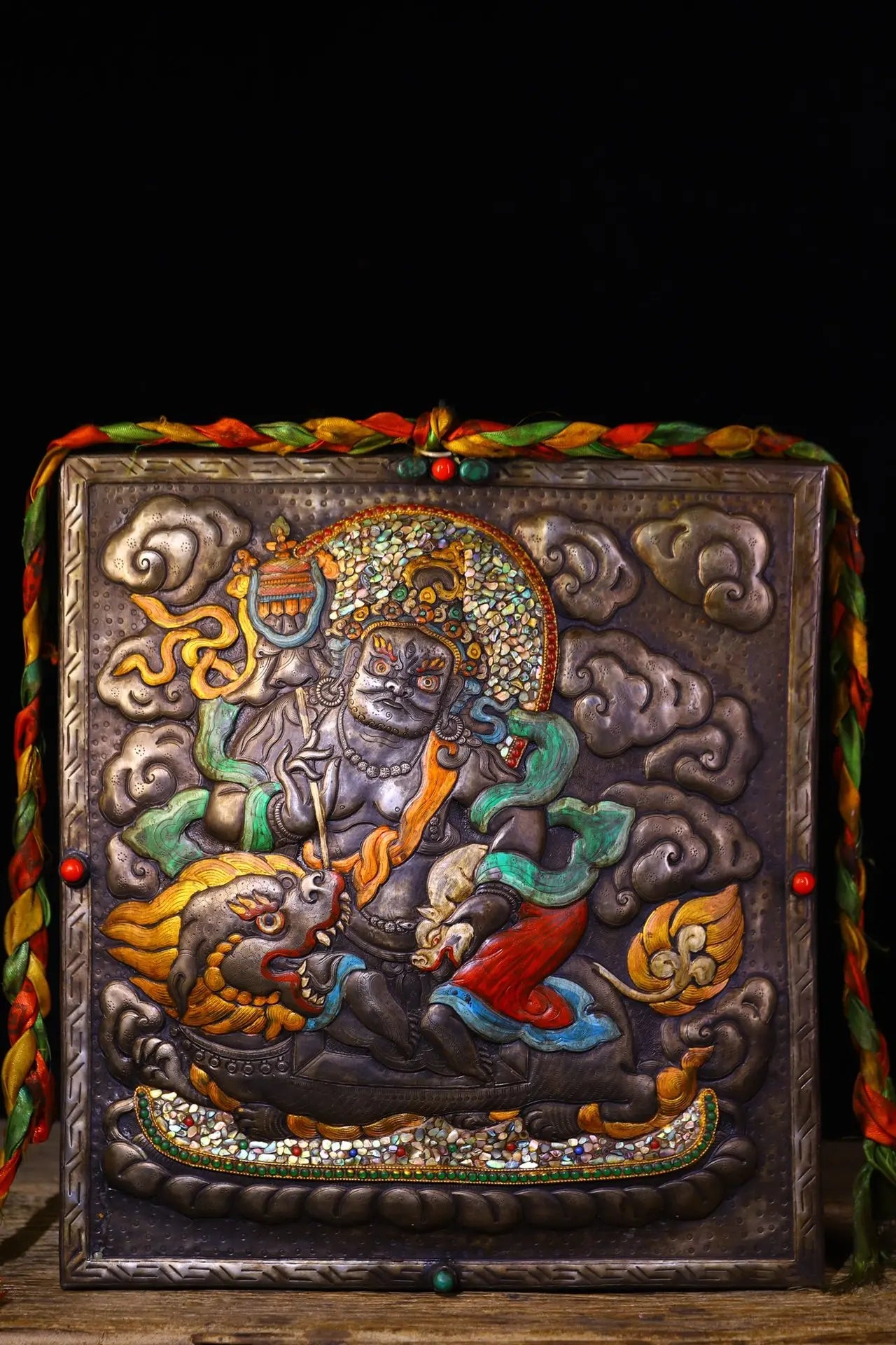 14”Tibetan Temple Collection Old Tiantie Painted Mosaic Gem gZi Beads Shell Vaisravana Buddha Thangka Worship Hall Town house