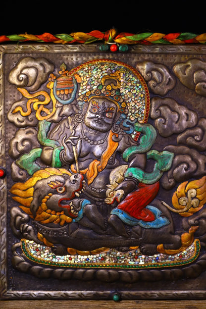 14”Tibetan Temple Collection Old Tiantie Painted Mosaic Gem gZi Beads Shell Vaisravana Buddha Thangka Worship Hall Town house