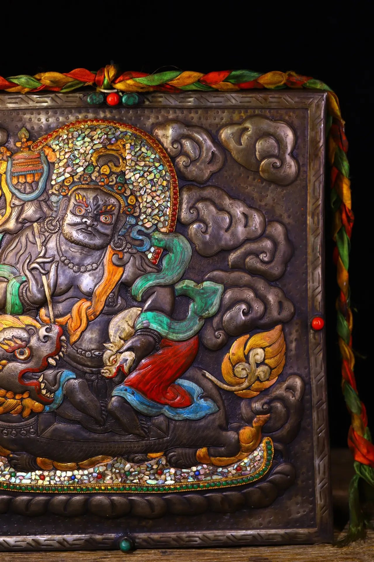 14”Tibetan Temple Collection Old Tiantie Painted Mosaic Gem gZi Beads Shell Vaisravana Buddha Thangka Worship Hall Town house