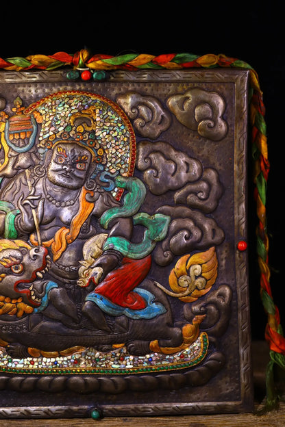 14”Tibetan Temple Collection Old Tiantie Painted Mosaic Gem gZi Beads Shell Vaisravana Buddha Thangka Worship Hall Town house