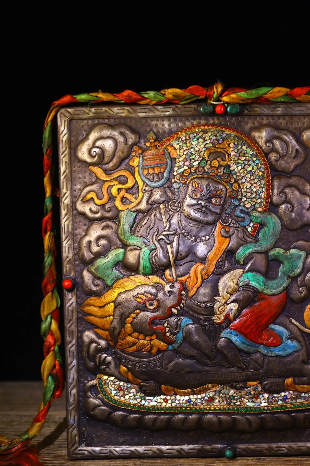 14”Tibetan Temple Collection Old Tiantie Painted Mosaic Gem gZi Beads Shell Vaisravana Buddha Thangka Worship Hall Town house