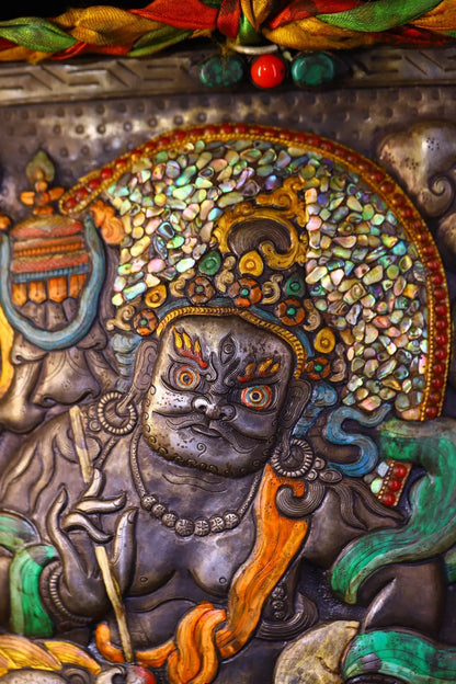 14”Tibetan Temple Collection Old Tiantie Painted Mosaic Gem gZi Beads Shell Vaisravana Buddha Thangka Worship Hall Town house