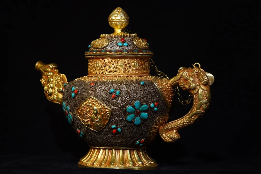 14"Tibetan Temple Collection Old Tibetan silver Gilt mosaic Gem Dragon handle Beast mouth teapot kettle Hidden pot Ornaments