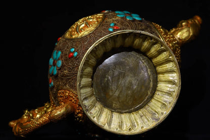 14"Tibetan Temple Collection Old Tibetan silver Gilt mosaic Gem Dragon handle Beast mouth teapot kettle Hidden pot Ornaments