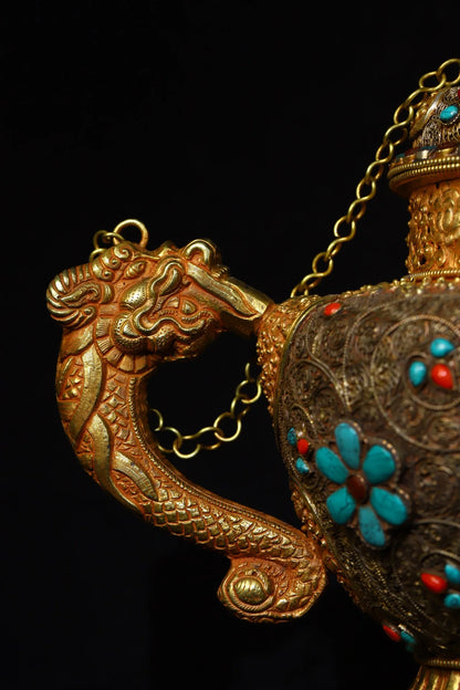 14"Tibetan Temple Collection Old Tibetan silver Gilt mosaic Gem Dragon handle Beast mouth teapot kettle Hidden pot Ornaments