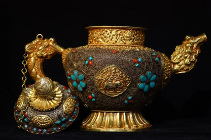 14"Tibetan Temple Collection Old Tibetan silver Gilt mosaic Gem Dragon handle Beast mouth teapot kettle Hidden pot Ornaments