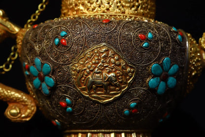 14"Tibetan Temple Collection Old Tibetan silver Gilt mosaic Gem Dragon handle Beast mouth teapot kettle Hidden pot Ornaments