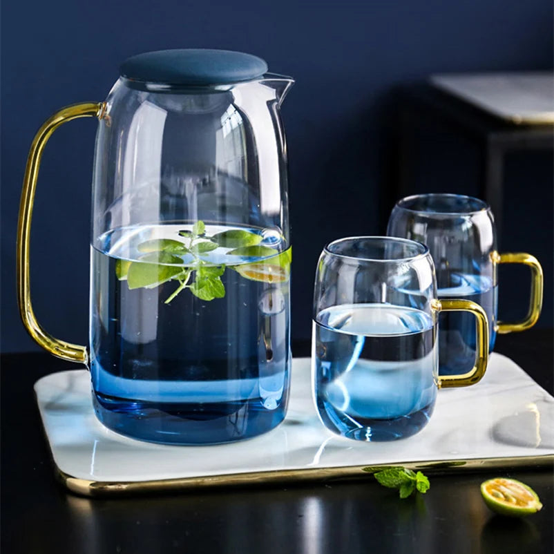 1400ml heat-resistant glass teapot ，Blue heated explosion-proof glass ，High capacity，Home Kitchen   tea set, juice cold kettle