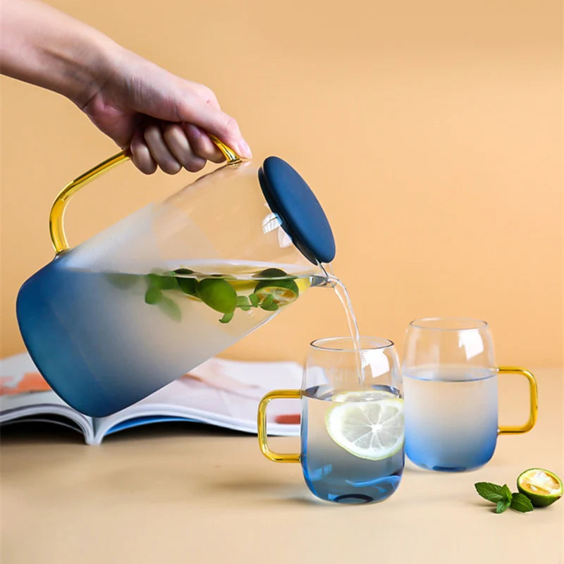 1400ml heat-resistant glass teapot ，Blue heated explosion-proof glass ，High capacity，Home Kitchen   tea set, juice cold kettle