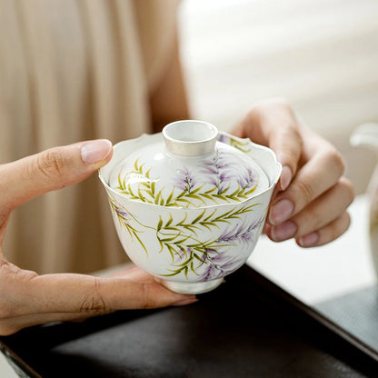 140ml Pure Hand-painted Wisteria Flower Gaiwan Retro Tracing Silver Tea Tureen Tea Making Cover Bowl Tea Items Accessories Gift