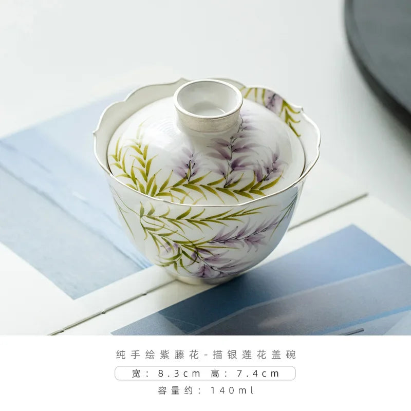 140ml Pure Hand-painted Wisteria Flower Gaiwan Retro Tracing Silver Tea Tureen Tea Making Cover Bowl Tea Items Accessories Gift