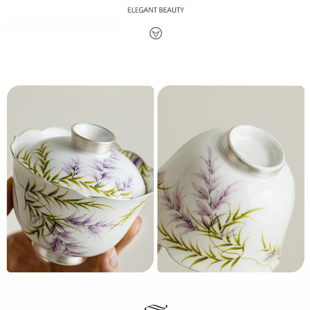140ml Pure Hand-painted Wisteria Flower Gaiwan Retro Tracing Silver Tea Tureen Tea Making Cover Bowl Tea Items Accessories Gift