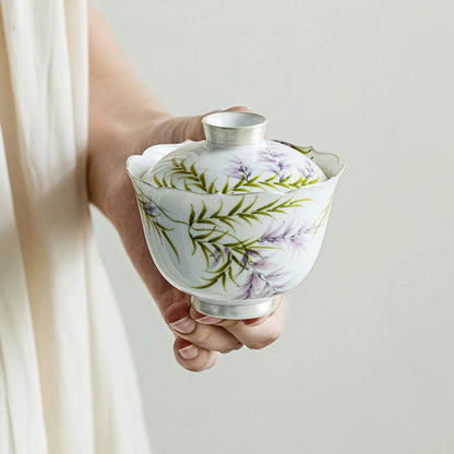 140ml Pure Hand-painted Wisteria Flower Gaiwan Retro Tracing Silver Tea Tureen Tea Making Cover Bowl Tea Items Accessories Gift