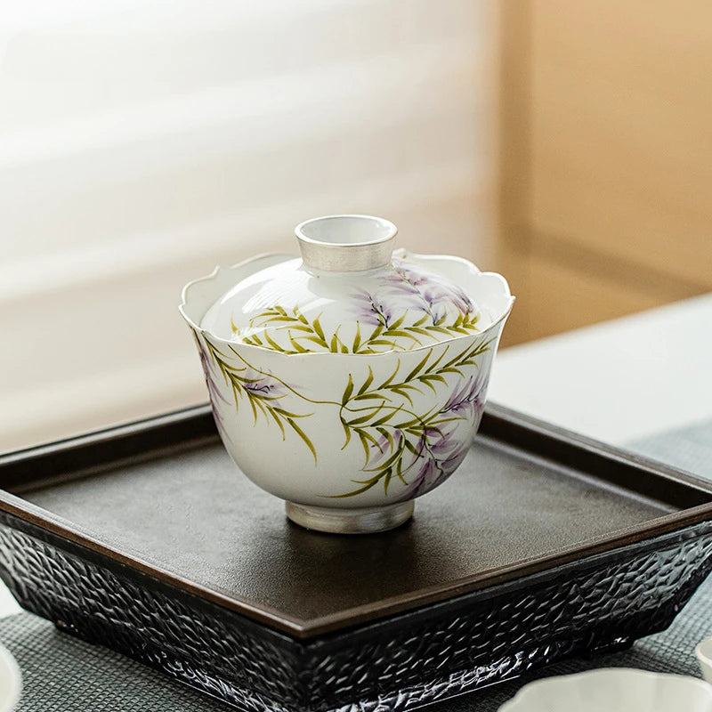 140ml Pure Hand-painted Wisteria Flower Gaiwan Retro Tracing Silver Tea Tureen Tea Making Cover Bowl Tea Items Accessories Gift