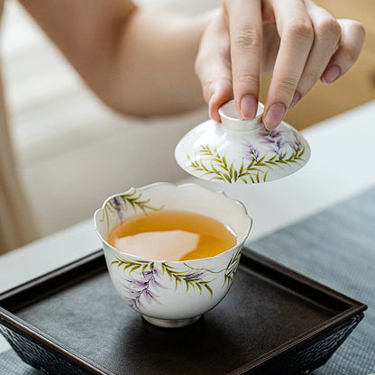 140ml Pure Hand-painted Wisteria Flower Gaiwan Retro Tracing Silver Tea Tureen Tea Making Cover Bowl Tea Items Accessories Gift