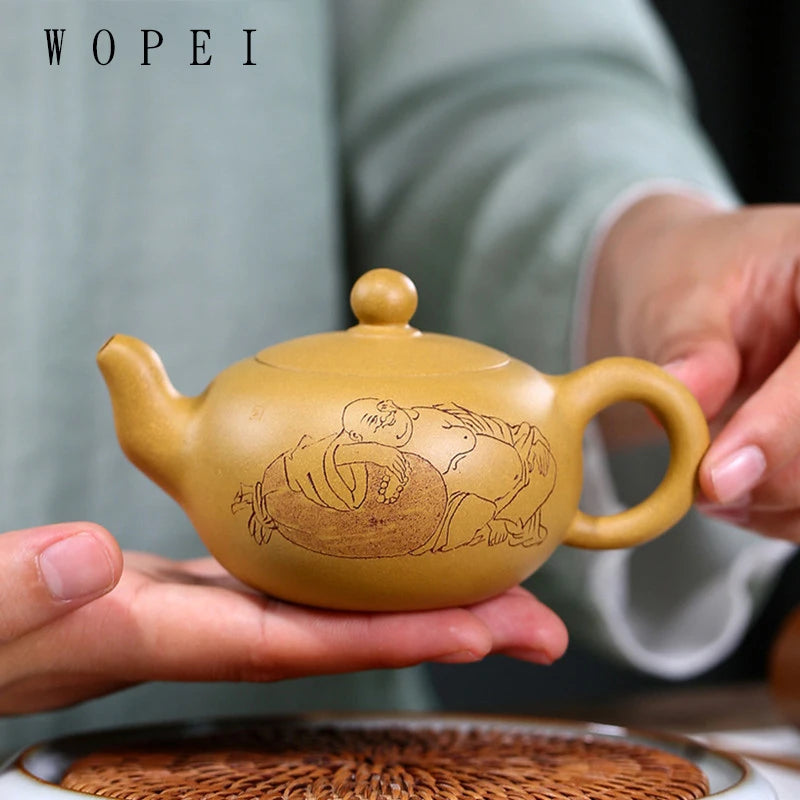 140ml Yixing Handmade Purple Clay Teapot Hand Carved Character Pattern Tea Pot Raw Ore Beauty Kettle Chinese Zisha Tea Set