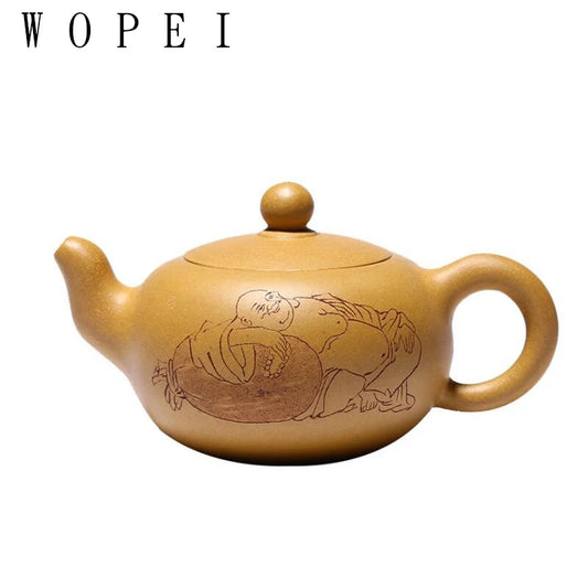 140ml Yixing Handmade Purple Clay Teapot Hand Carved Character Pattern Tea Pot Raw Ore Beauty Kettle Chinese Zisha Tea Set
