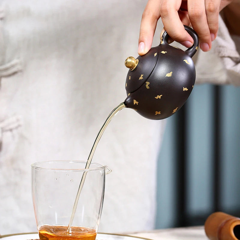140ml Yixing Purple Clay Teapots Famous Artists Handmade Xishi Tea Pot Raw Ore Black Mud Kettle Chinese Zisha Tea Set Teaware