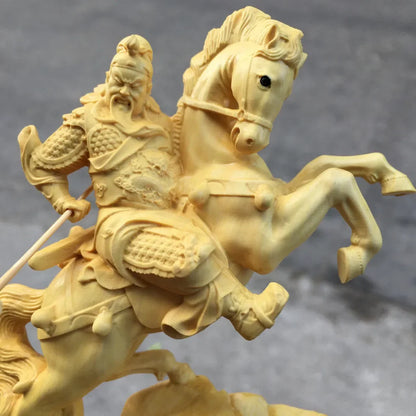 14CM Boxwood  Feng Shui The Three Kingdoms Figure Wood Statue Riding Horse Guan Gong Home Decor