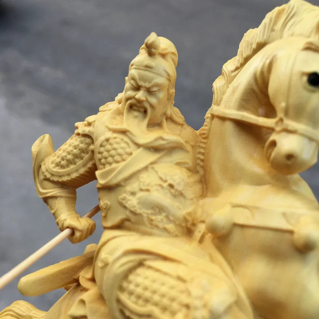 14CM Boxwood  Feng Shui The Three Kingdoms Figure Wood Statue Riding Horse Guan Gong Home Decor