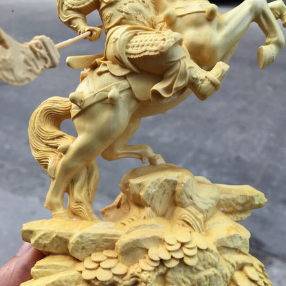 14CM Boxwood  Feng Shui The Three Kingdoms Figure Wood Statue Riding Horse Guan Gong Home Decor
