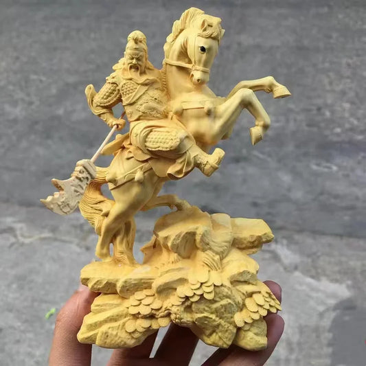 14CM Feng Shui Guangong Boxwood The Three Kingdoms Figure Wood Statue Sculpture Guanyu Riding Horse Home Decor