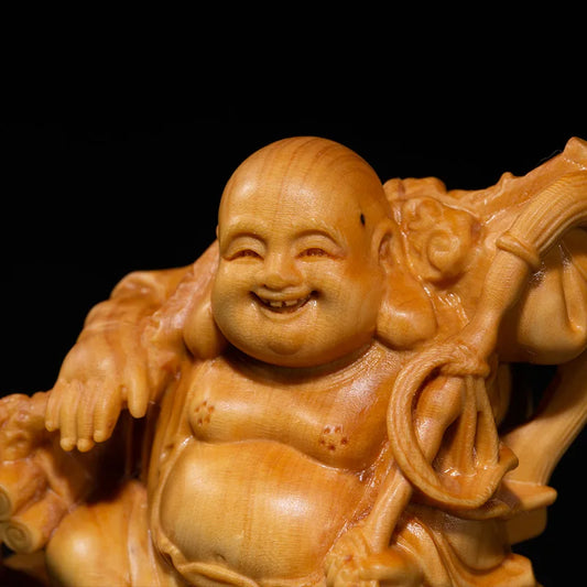 14CM Smile Maitreya Riding Elephant Small Wood Statue Home Decorations Collection Laughing Buddha Statue Gifts Buddha Figures