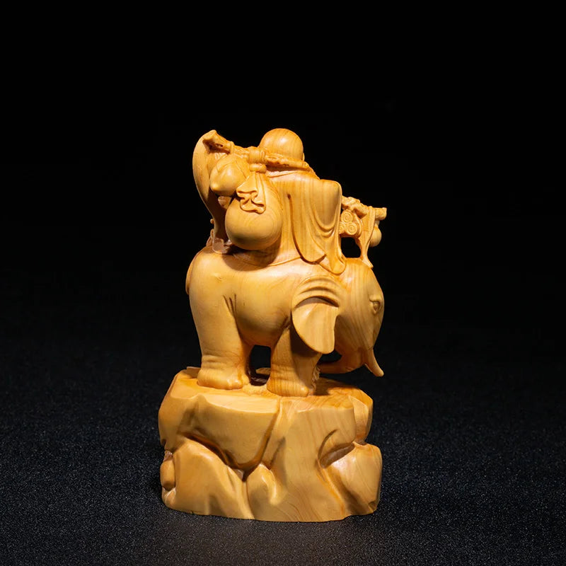 14CM Smile Maitreya Riding Elephant Small Wood Statue Home Decorations Collection Laughing Buddha Statue Gifts Buddha Figures